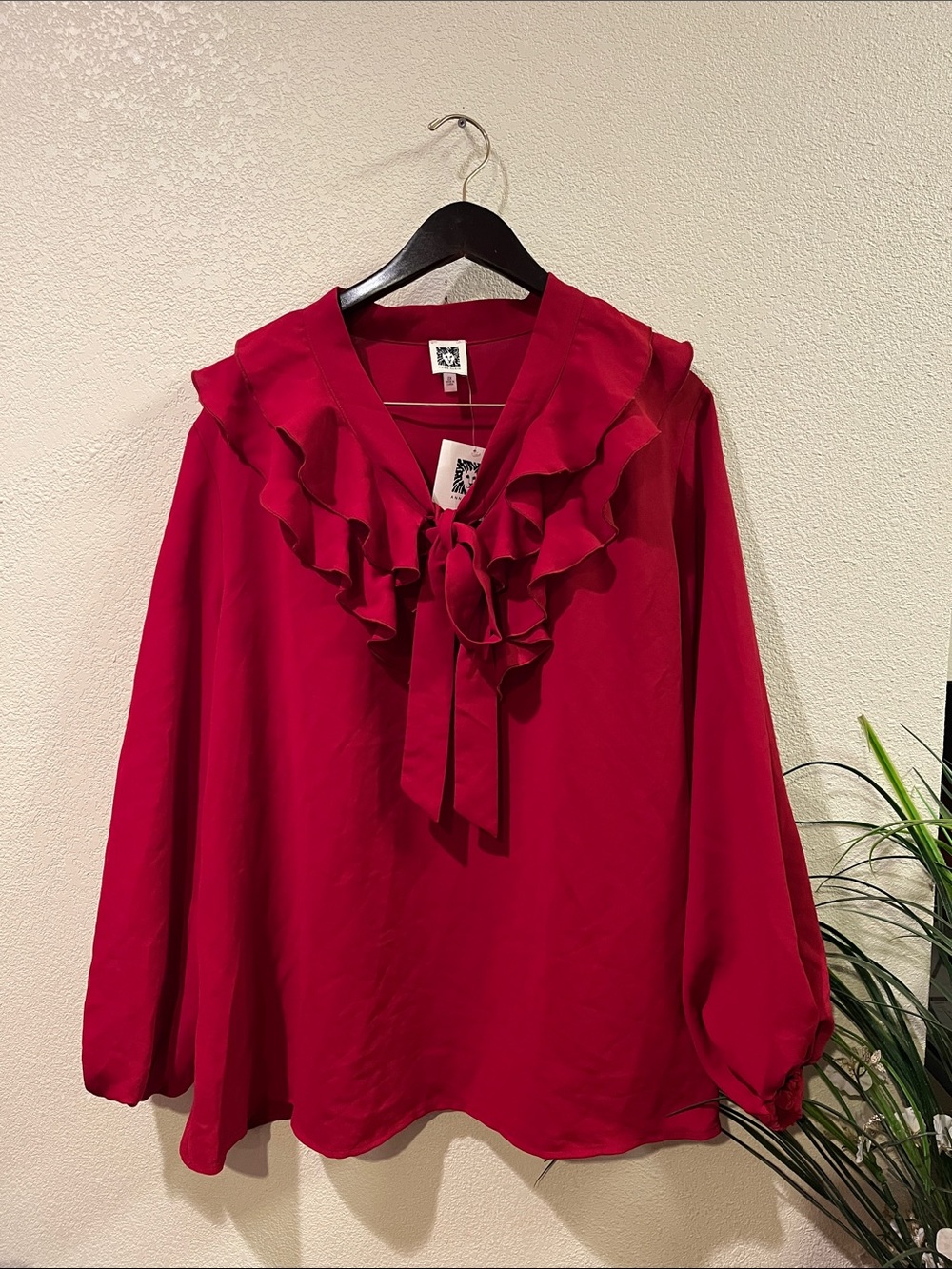 Anne Klein Red Ruffle Tie-Neck Blouse Size 2X